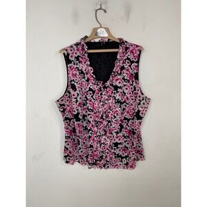 Madison Pink Black Floral Mesh Ruffle V-Neck Sleeveless Blouse Top 3X